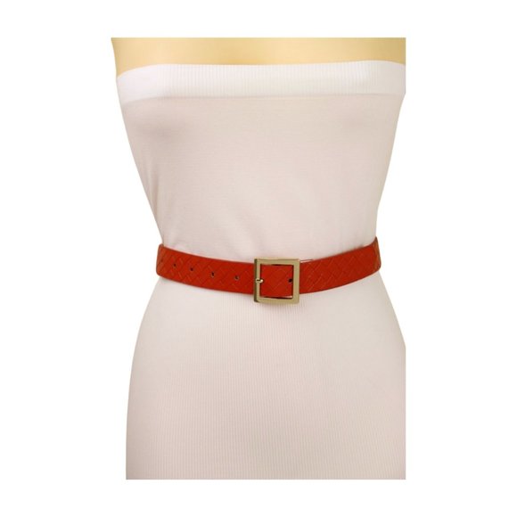 Women Orange Color Basket Weave Skinny Belt Gold Metal Square Buckle Size S M - Picture 9 of 17